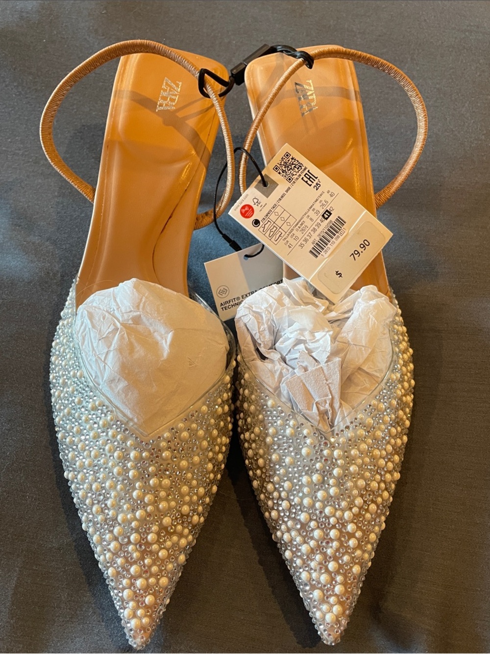 NWT Zara Pearl-Covered Pointed Slingbacks